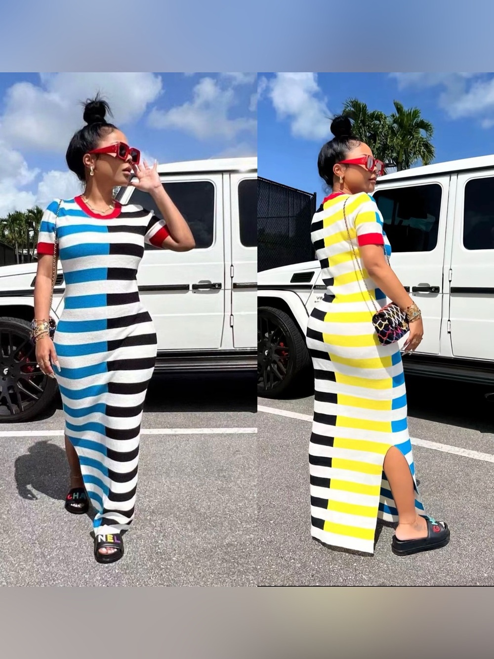 Striped Colorblock Maxi Dress with Side Slit - Blue, Yellow & Black